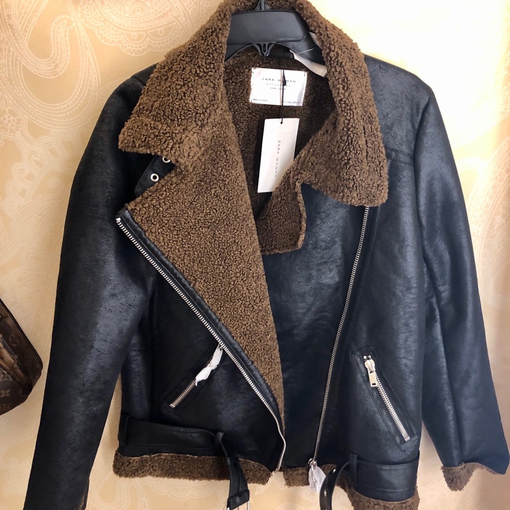 Zara Biker Shearling Black and Brown Coat